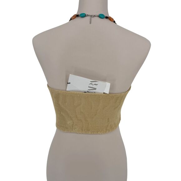 Zara Bustier Crop Top MEDIUM Beige Linen Blend Wire Corset Sweetheart Smocked - Picture 10 of 14